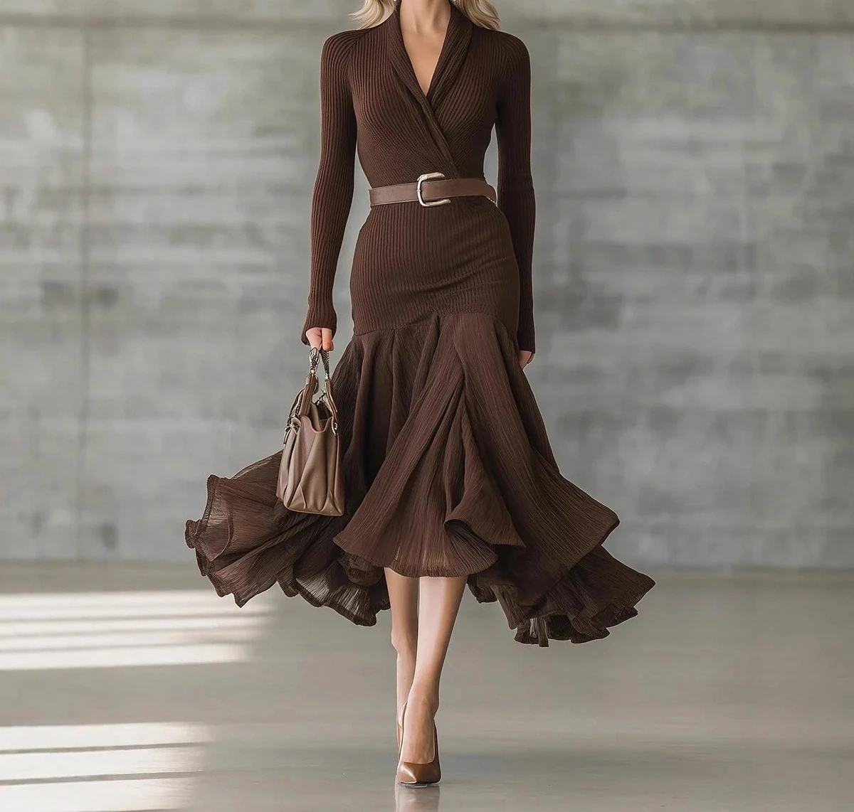 

2025 Women's Autumn New Collection Solid Color Splicing V-neck Long Sleeve Dress Long Skirt