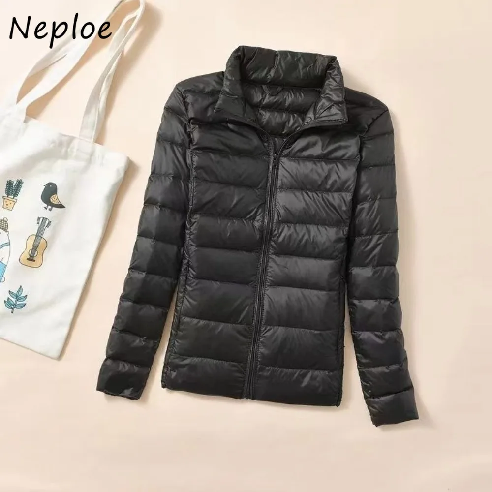 

Neploe Новая тонкая пуховая женская одежда с коротким воротником-стойкой и длинным рукавом, повседневные тонкие парки, однотонный клетчатый кардиган на молнии, офисный женский Mujer