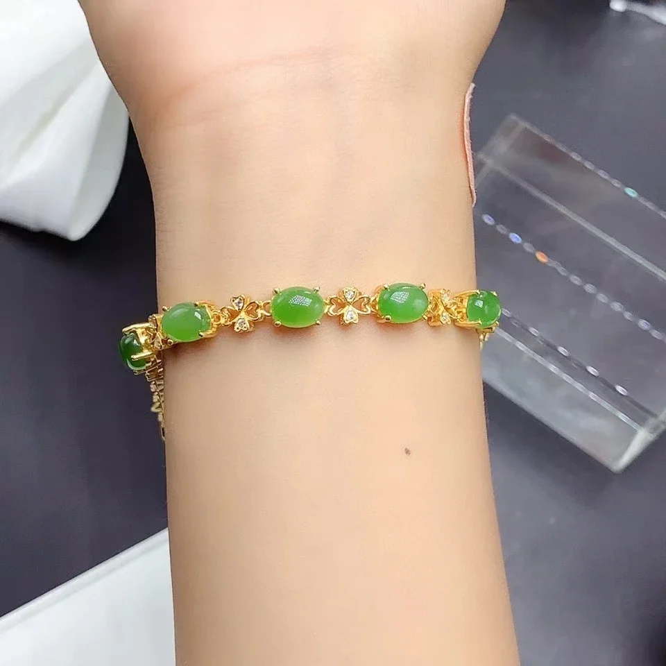 Natural Chinese Green Jade 925 Silver Bracelet for Party 6mm*8mm Total 5ct Jade Bracelet with 18K Gold Plating