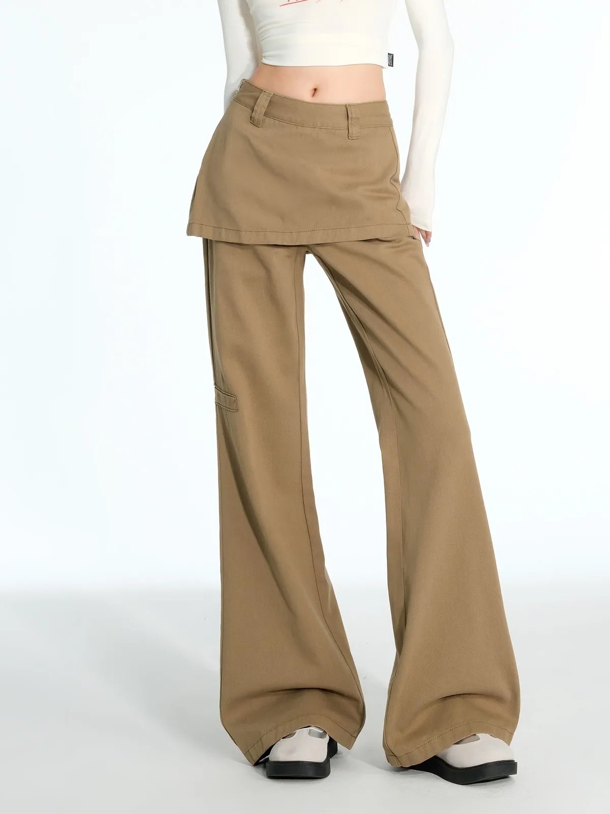 

ZHISILOA Fake 2 Pics Patchwork Cargo Pants Women Vintage Solid Khaki High Waist Flare Straight Trousers 2024