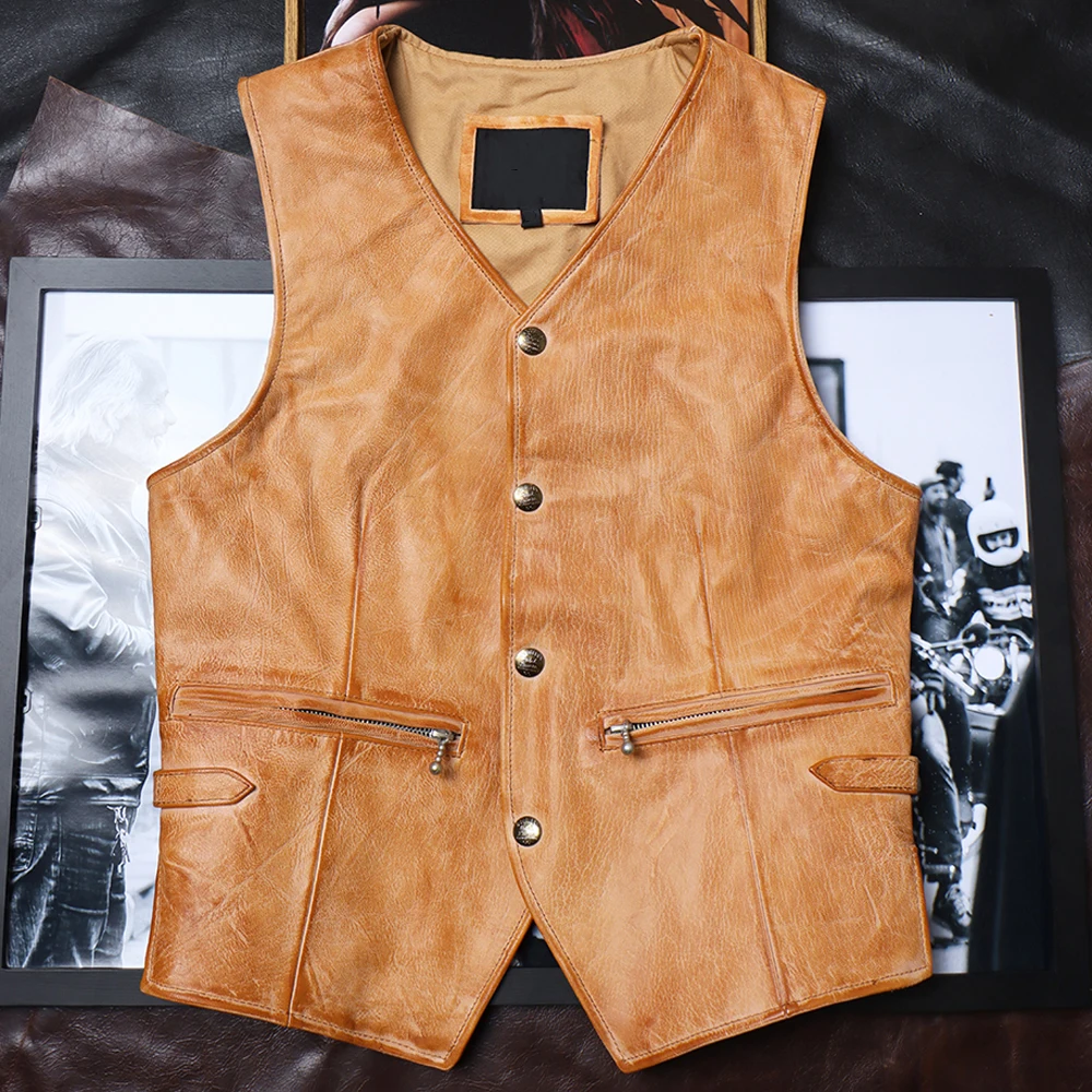 Zipper Blazer Vest Sheepskin Genuine Leather Italian Style Automotive Street Weskit Vest Coat Mens Ridng Waistcoat Sheep Leather