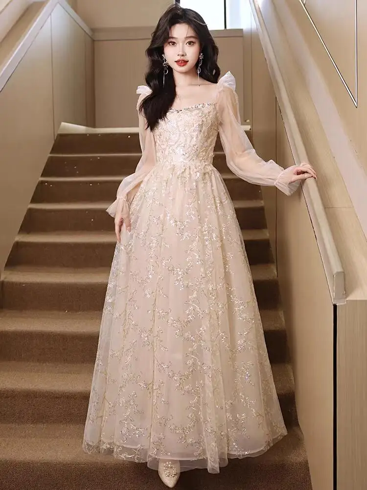 

Champagne Colored Evening Gown Princ Sle Long Sve Bubble Sve Polyester Fabric aduation Ceremony Host Performa...