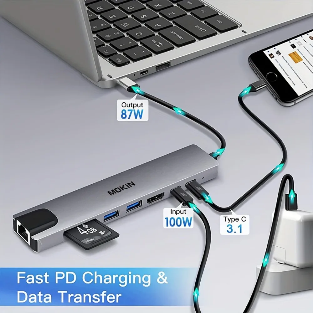 MOKiN 8 in 1 USB C Hub Type-C USB Adapter with RJ45,4K HDTV,100W PD,USB 3.0,SD/TF Card Reader for MacBook Pro/Air iPad Dell  HP