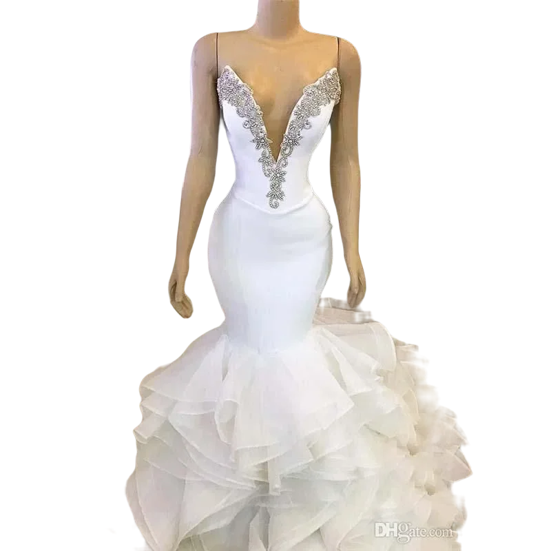 

Customized Fashion Beaded Crystals Sweetheart Mermaid Wedding Gowns Organza Ruffles Robe De Mariee 2023 Lace- Up Back