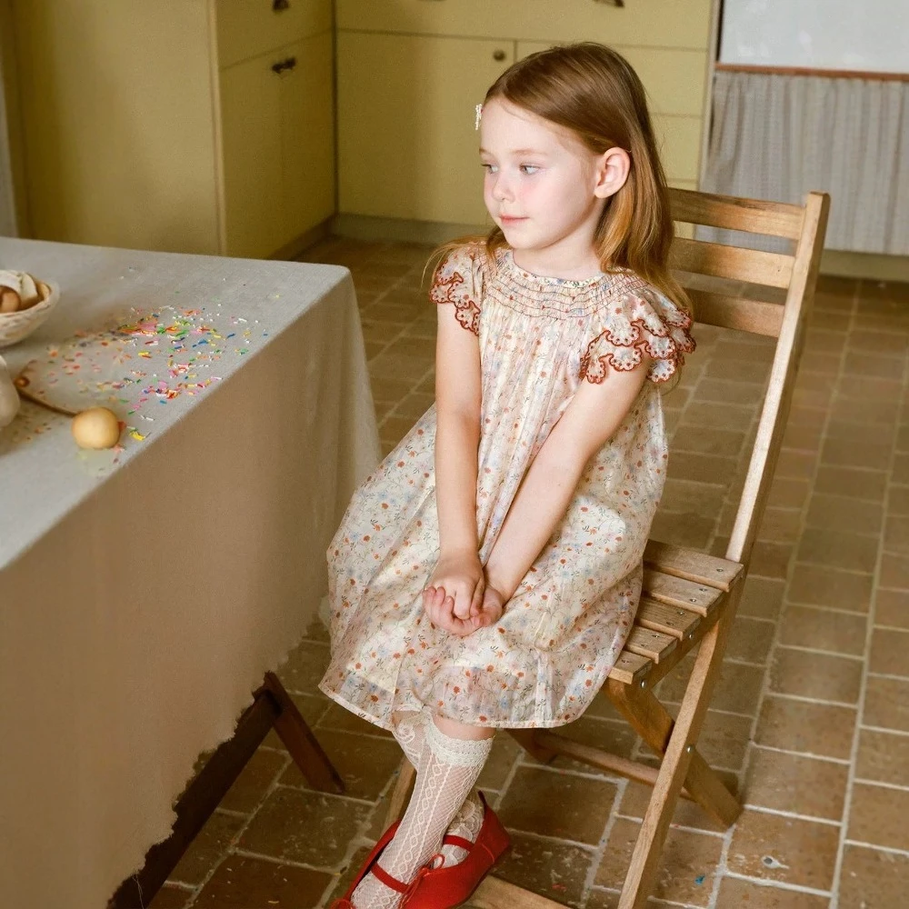 Summer Casual Countryside Style Round Neck Pleated Petal Sleeve Floral Dress for Girls Aged 3-7