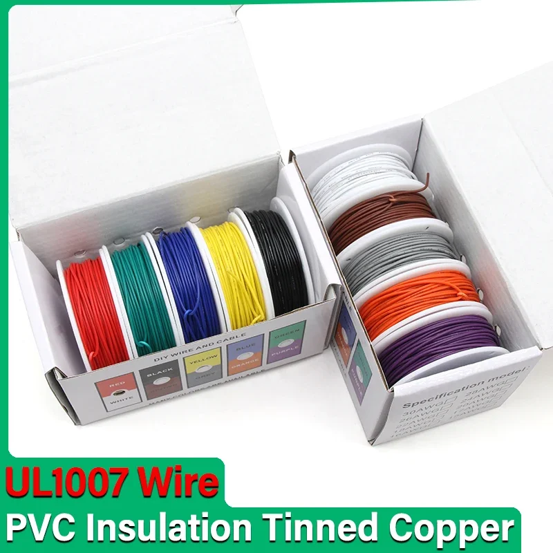 UL1007 Wire PVC Insulation Tinned Copper Cable （5 Colors Mix Kit）30/28/26/24/22/20/18/16 AWG Stranded Electrical Line PCB Wire