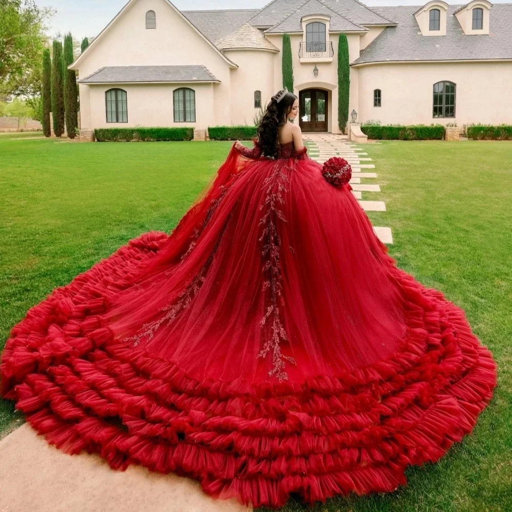 Vestidos de quinceañera Charro rojos, vestido de baile con apliques de corazón y volantes, vestidos mexicanos dulces 16, 15 años personalizados