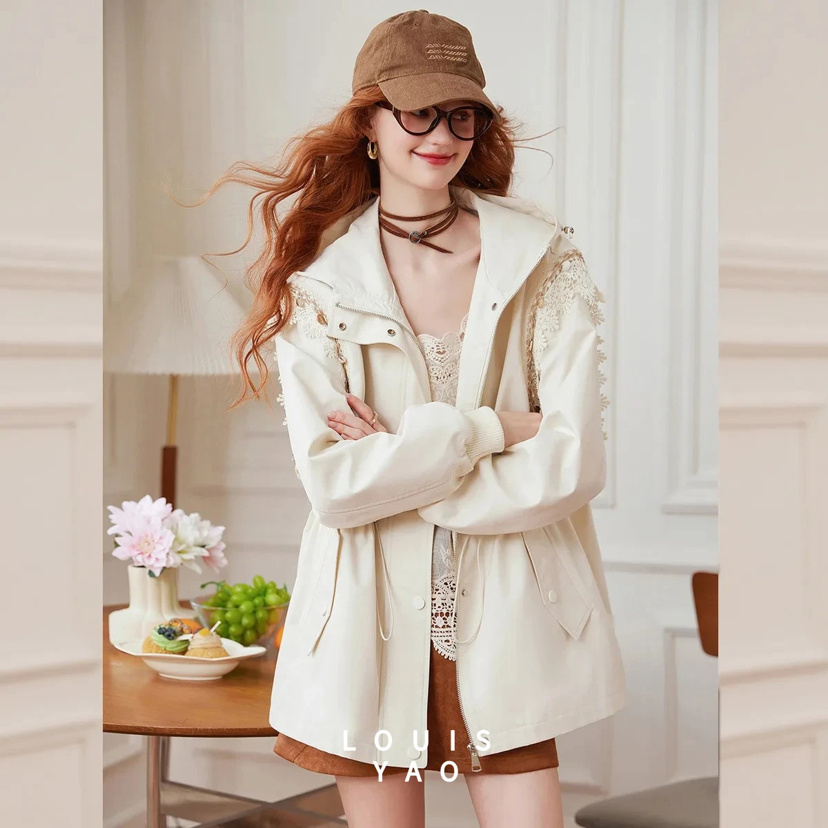 

LOUISYAO Minimalist Cardigan Hooded Coat 2025 Autumn Casual Solid Colour Sophisticated Non-Stretch Women's Trench Coat