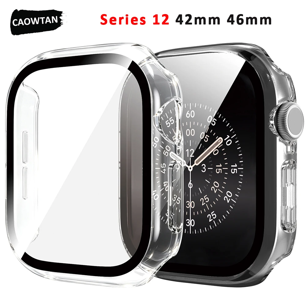 Tempered Glass+Case for Apple Watch 12 42mm 46mm PC Screen Protector cover for iwatch series 12 42 46mm Bumper Accessories