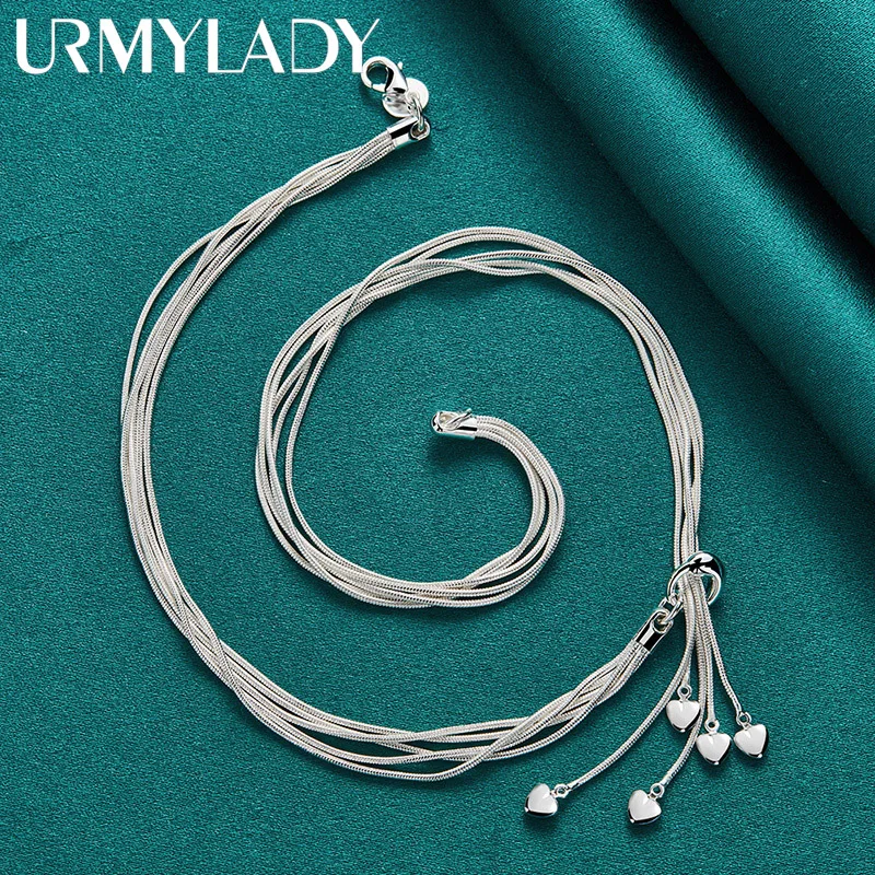 URMYLADY 925 Sterling Silver Five Snake Chain Love Heart Necklace For Women Wedding Party Fashion Charm Jewelry