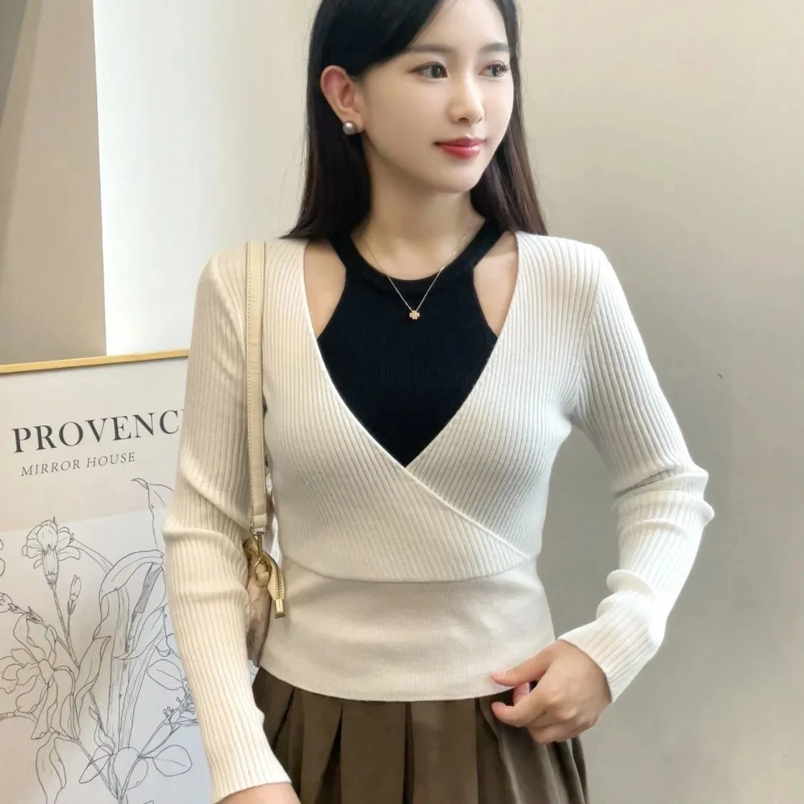 Halter Neck Fake Two Sueter Mujer Jersey Shirts Women Pullover Winter Clothes Women Jumper Hollow Sweaters 2026 Slim Clothes