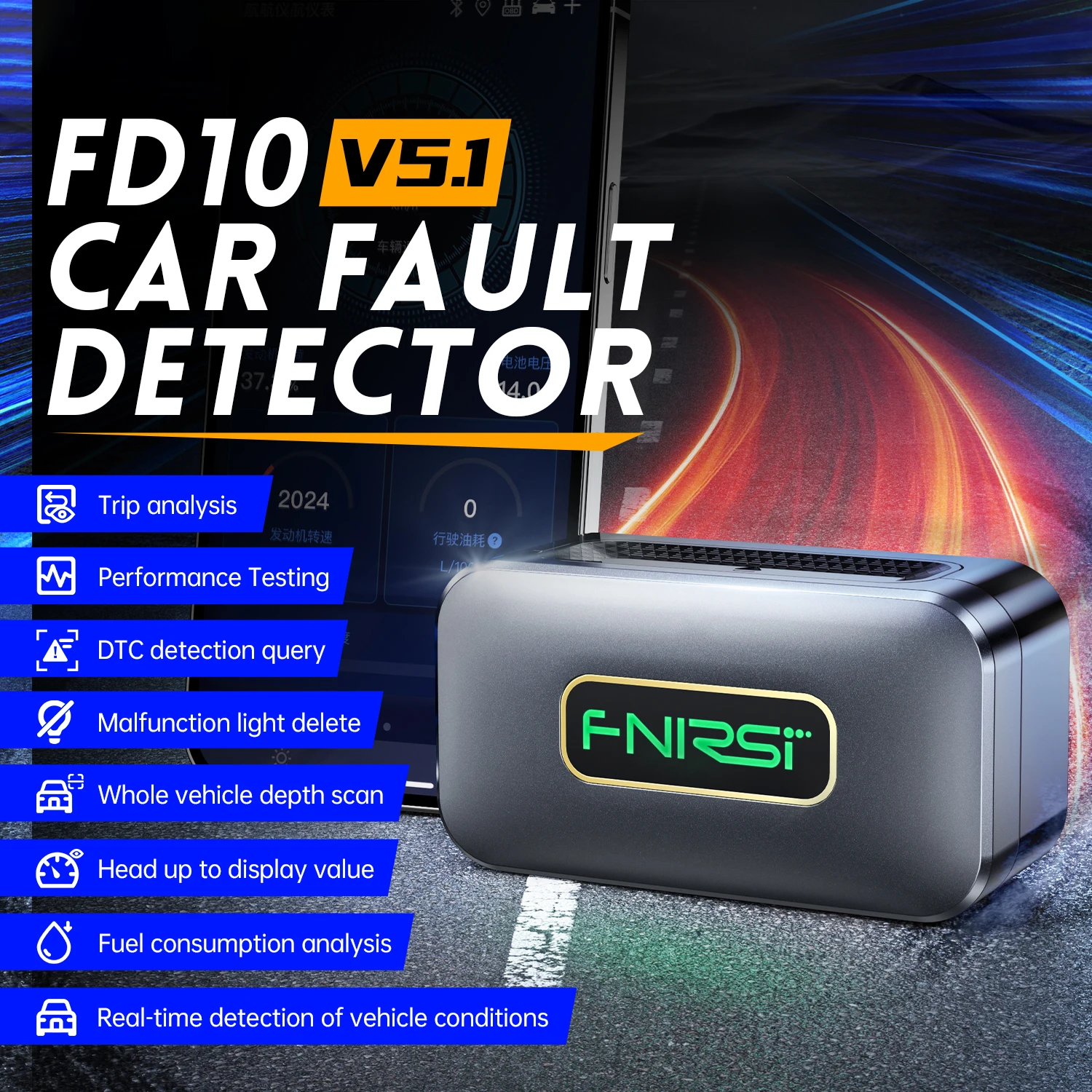 

FD10 Automotive OBD2 Troubleshooting Bluetooth 5.1 Connects to engine tester,smart for all vehicles,one-touch fault code removal