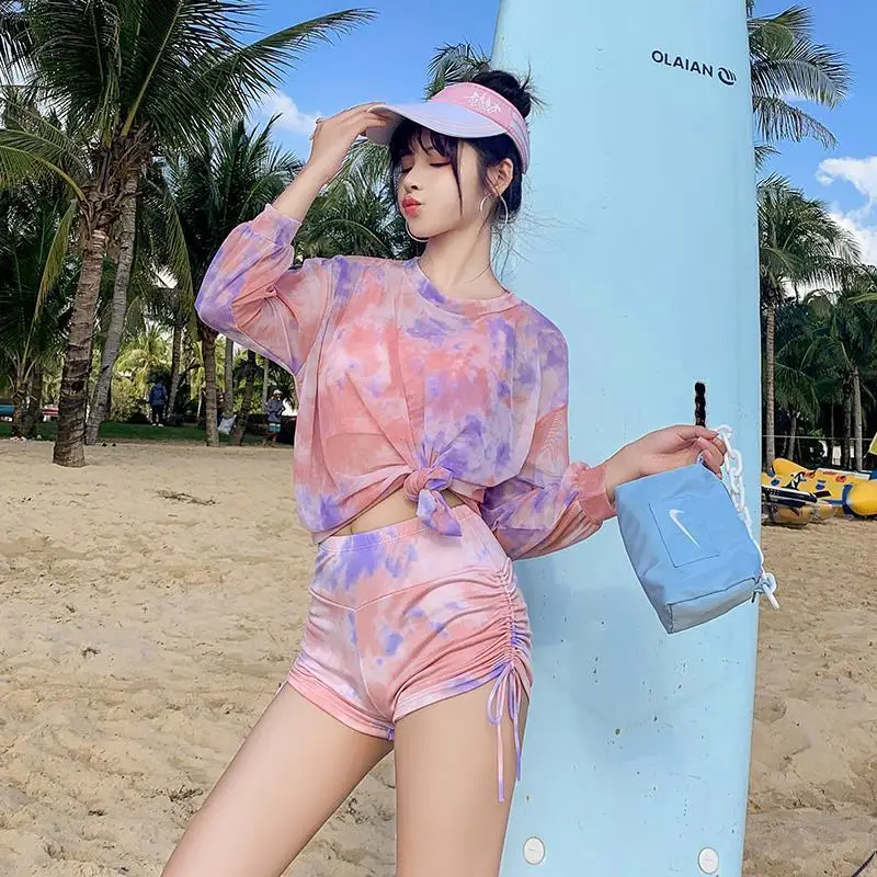 Summer Autumn Elegant Fashion Y2K Sexy Bikinis Suits Lady Korean Harajuku Three-piece Set Swimwear Long Sleeve Swimsuits Women