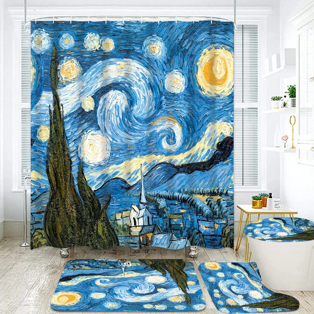 Oil Painting Starry Sky Scenery Shower Curtain Set Painted Decor Bathroom Curtain Non-Slip Rug Bath MatCarpet Toilet Lid Cover