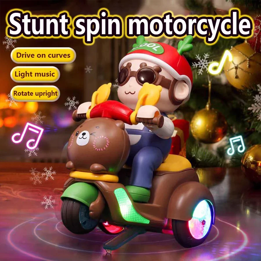 Stunt Rotating Motorcycle Toys Cute Cartoon Children's Christmas Bear Electric Shape with Light Music Boys and Girls Christmas