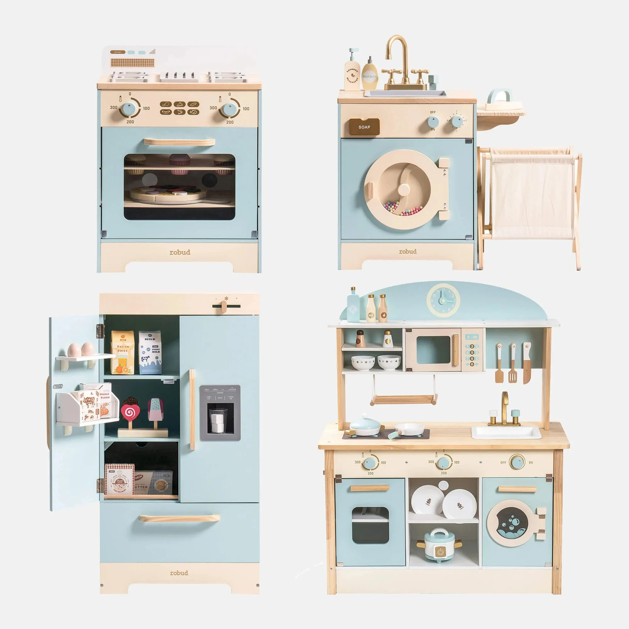 Robud Kinder Holz-Spielküche All-in-One Eckset mit Ofen, Kühlschrank und Waschmaschine Perfektes Geburtstagsgeschenk für Kleine Köche
