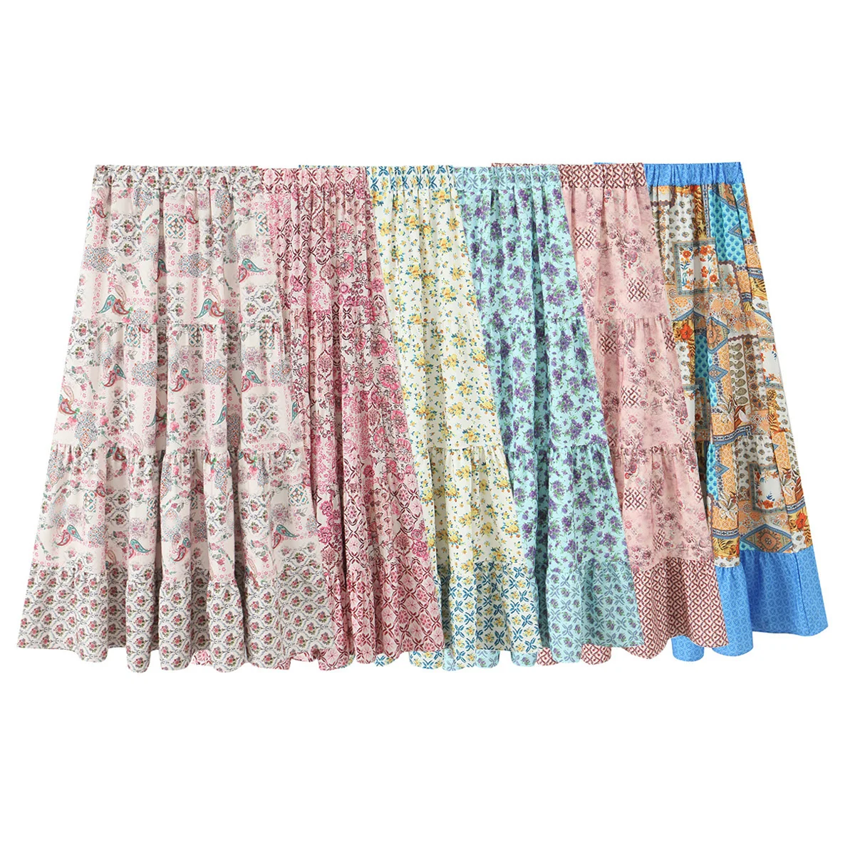 

Women Summer A-line Long Skirt With Elastic Waist Floral Print Patchwork Design Casual Vintage Style Beachwear For Women