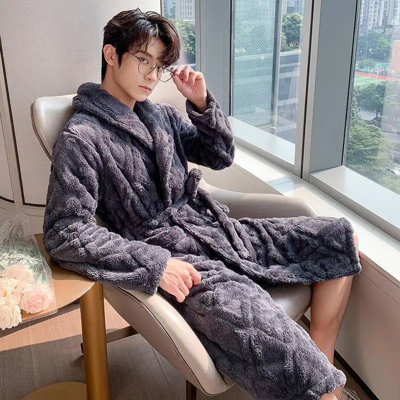 PLUS SIZE 3XL Winter Men Kimono Bathrobe Gown Thickened Flannel Robe Sleepwear Grey Warm Coral Fleece Home Wear Loose Loungewear