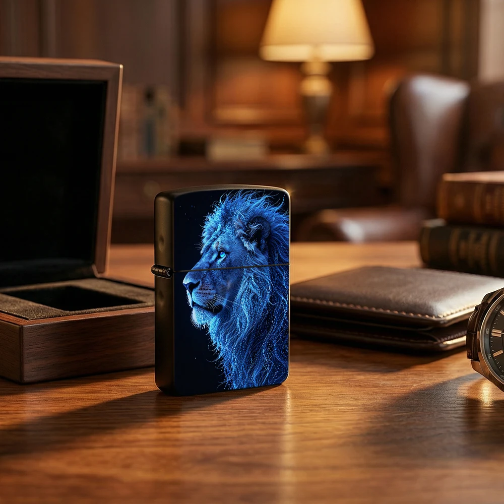 Neon Art Style Flip Top Lighter, Blue Glowing Lion Portrait Animal Art Pattern For Daily Use And Collection