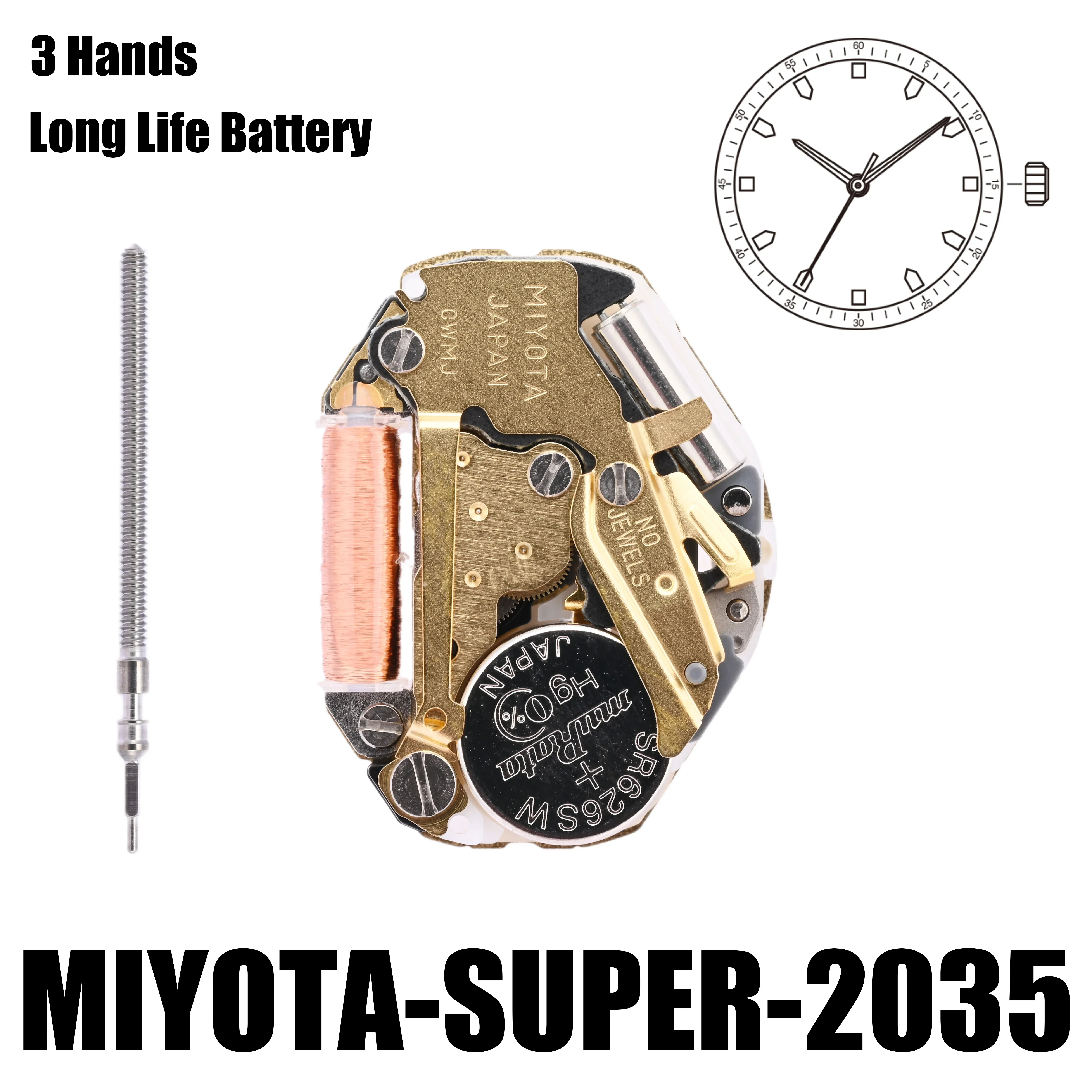MIYOTA Super 2035 dorado estándar, movimiento de cuarzo, 3 manos, tamaño: 6, ''3/4 × 8, altura: 3,15mm-tu motor-Movimiento de Metal hecho en Japón.