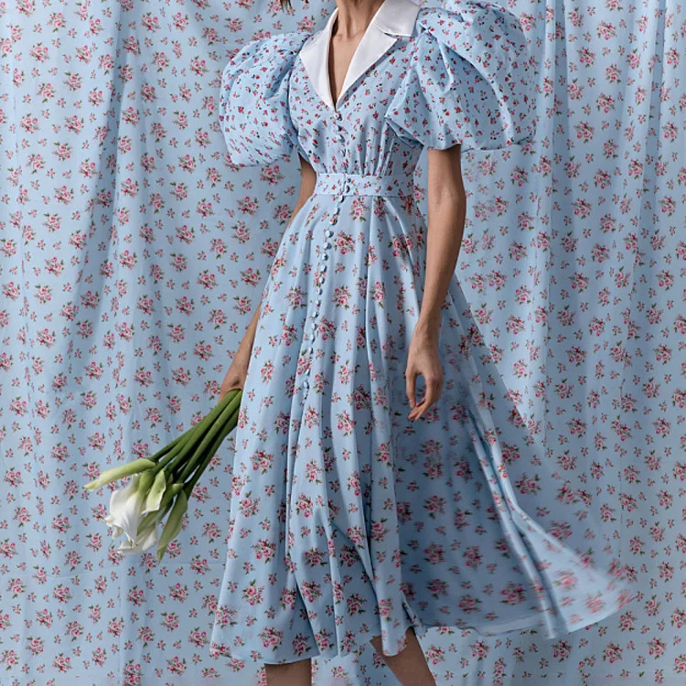 Ele Stampa floreale Dr Vita alta Bubble Sve Colletto rovesciato Abito da ballo Faionable Dr Sweet Sle Princ da donna