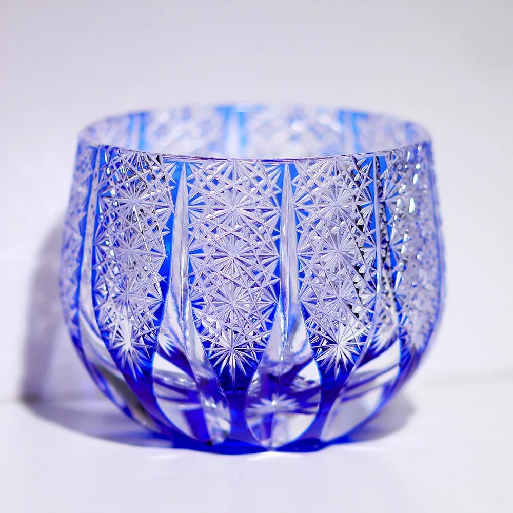 Edo Kiriko Craft Glass Small Shot Drinking Glass 100ml High Lead Shiny Hand Carved Sake Glass Artwork for Collection