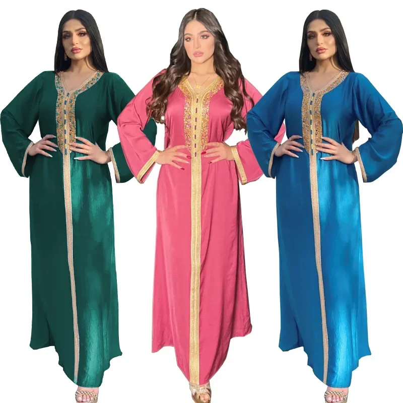 Middle East Satin  Dress with Rhinestones Ribbon Lace Abaya Dubai Muslim Fashion Long Robe Loose Maxi Dress