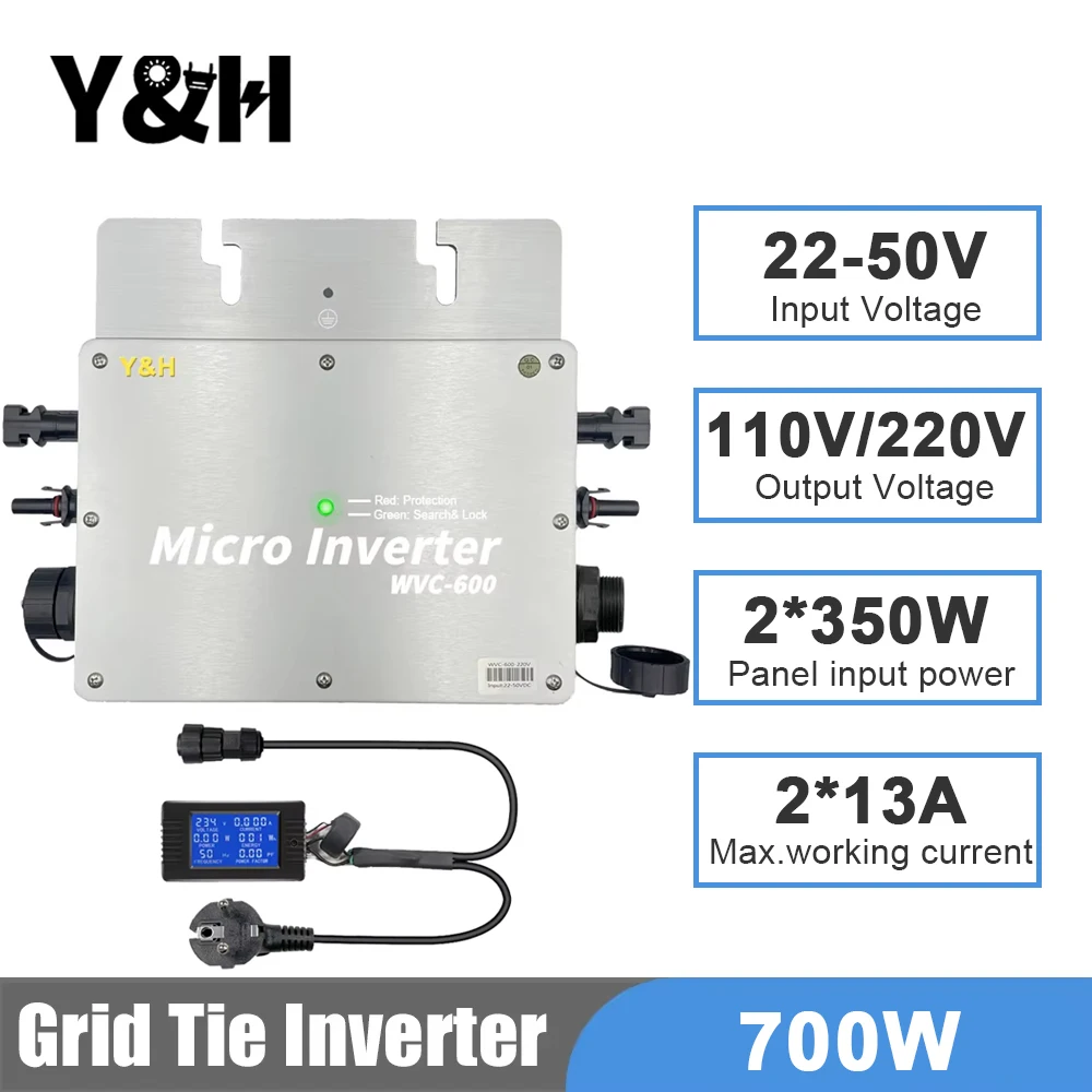 Y&H 700W Micro Grid Tie Inverter MPPT Solar Inverter with LCD, Input DC28-50V Output AC120V/230V Auto Solar Grid Tie Converter