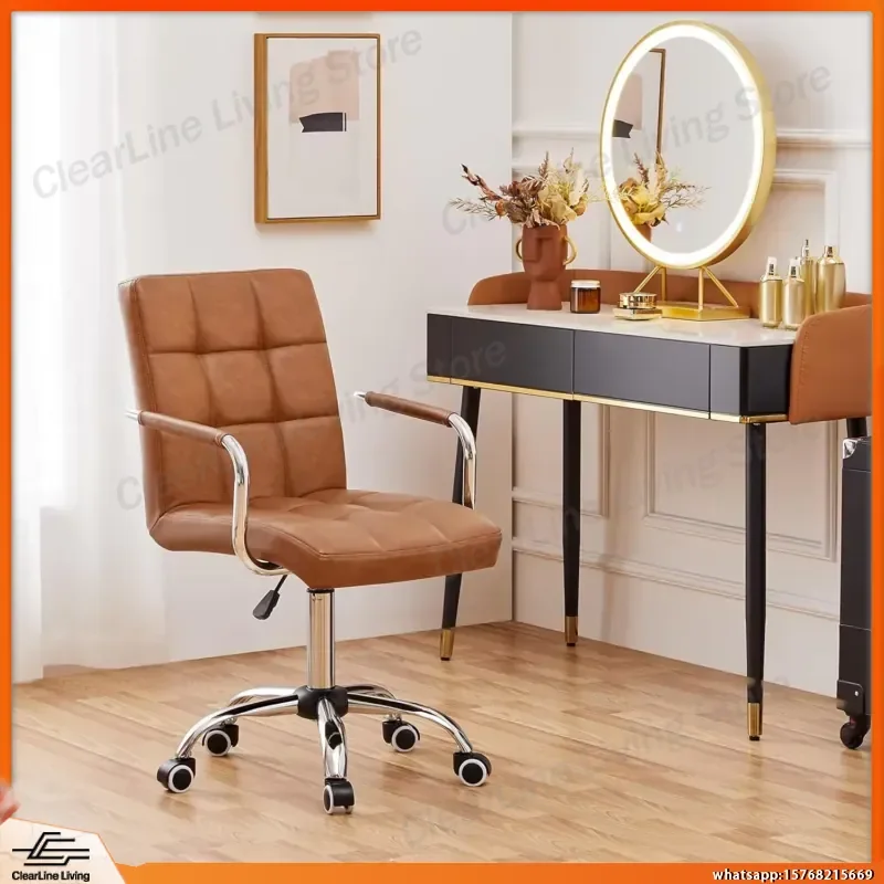 Adjustable Mid-Back Office Chair with Armrests PU Leather Swivel Seat Retro Brown Ergonomic Task Chair for Home Office