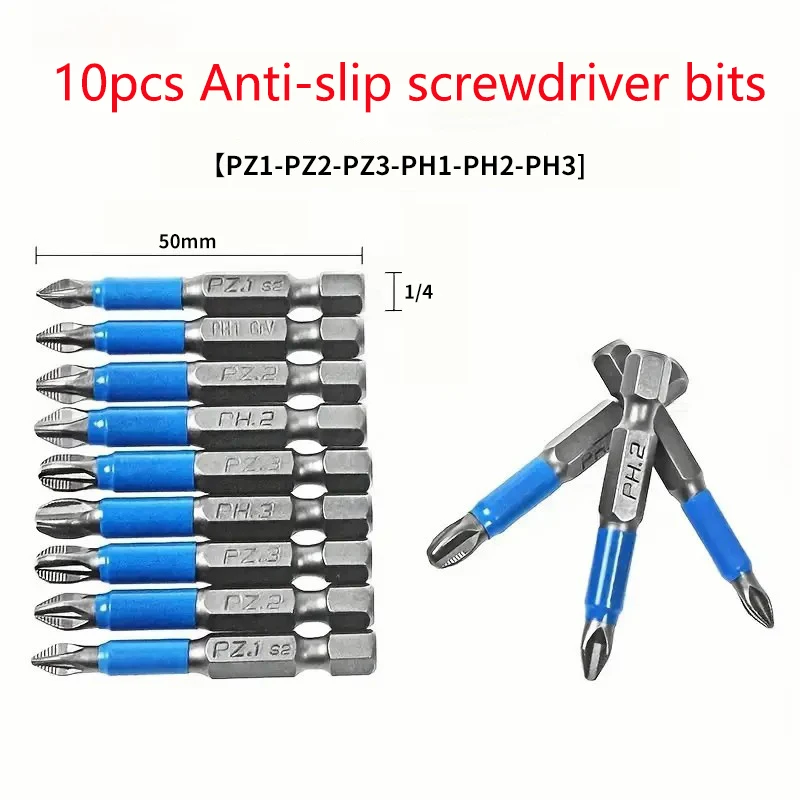 

Magnetic Screwdriver Bit Set 10pc 50mm PH1 PH2 PH3 PZ1 PZ2 PZ31/4" Hex Shank Anti Slip Phillips Electric Power Tool Accessories