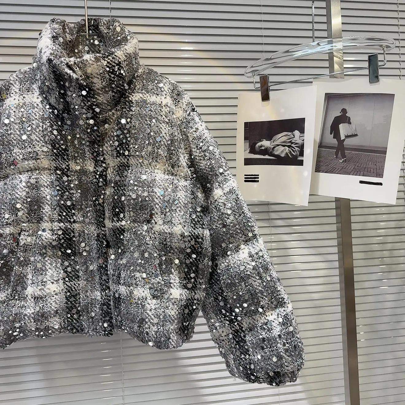 2025Winter nieuwe collectie pailletten tweed warme jas witte eend donsjack dames