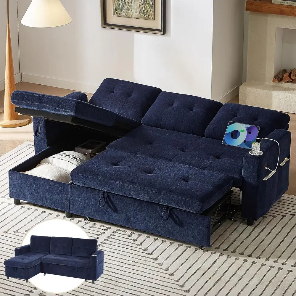 

Pull-Out Sleeper Sofa with Storage Chaise, L-Shape Cloud Couch, Adjustable Sectional Living Room Furniture, Tool-Free Assembly,