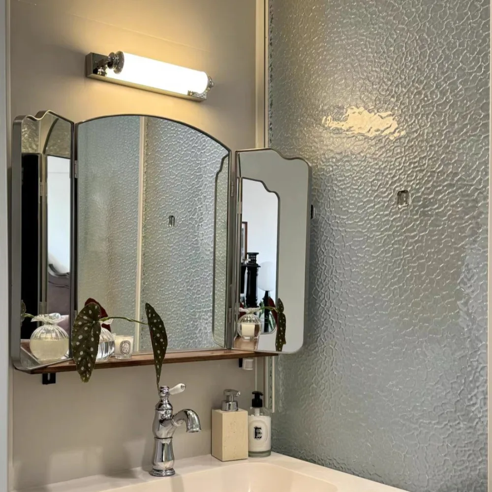 Retro Luxury Triple Fold Mirror 80x60 Wall Decoration Nordic Bathroom Makeup Mirrors 90x60 Stainless Steel Frame Home Decor