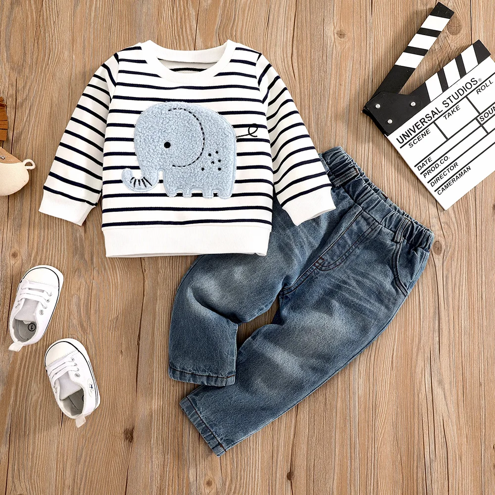 0-2 Year Old Spring And Autumn New Elephant Print Stripe Round Neck Top+Jeans Casual Two Piece Set