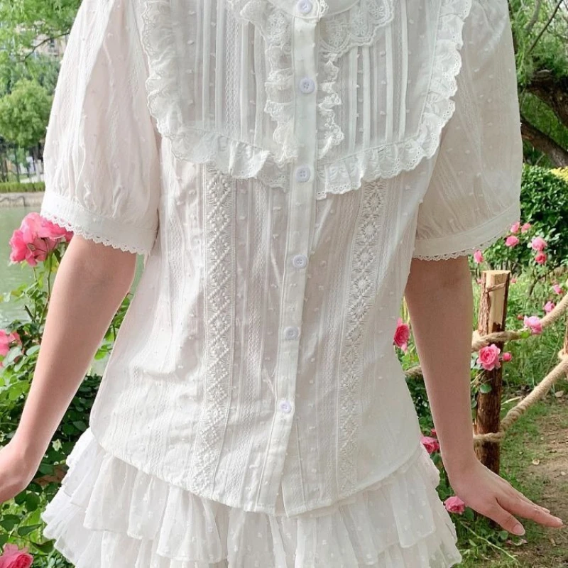 Japanese Stand Neck Sweet Lolita Blouses Lace Patchwork Summer Women Harajuku Shirts Puff Sleeve Girly JK Single Breasted Tops