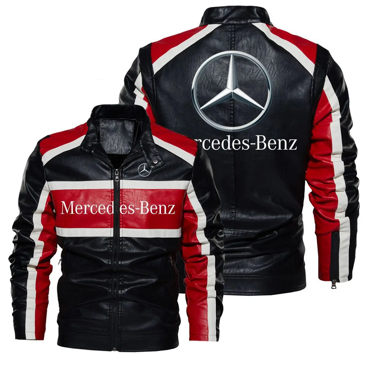 

2025 new leather jacket Mercedes Benz logo printed retro washed PU leather jacket windproof spring and autumn style men's jacket
