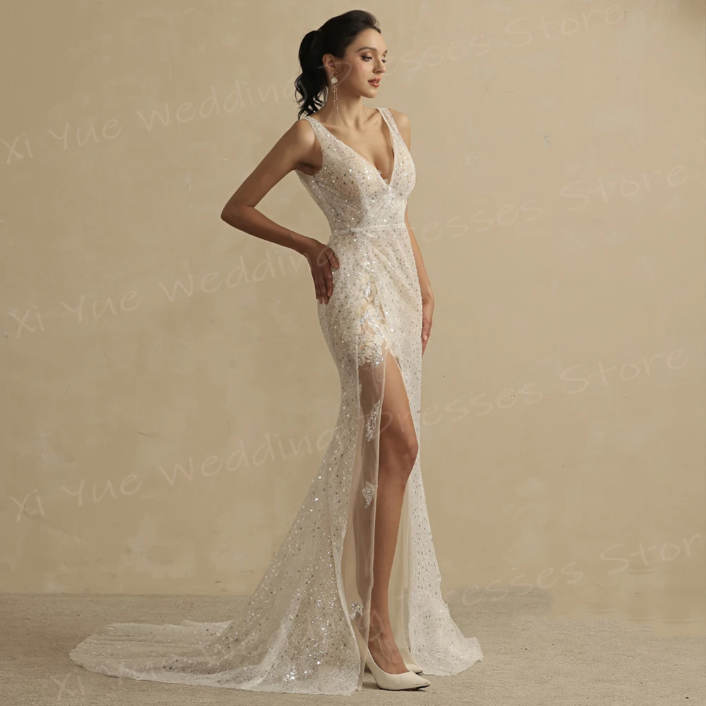 Vestidos de Noiva Sereia Brilhante, Vestidos de Noiva com Decote V Profundo, Sem Encosto Sem Mangas, Divisão Lateral, Elegante, Sexy, Novo