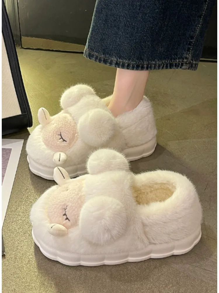 2025 Winter New Women's Home Slippers Cartoon Cute Sheep Cotton Slippers Anti Slip Thick Soled Furry Indoor Household Slippers