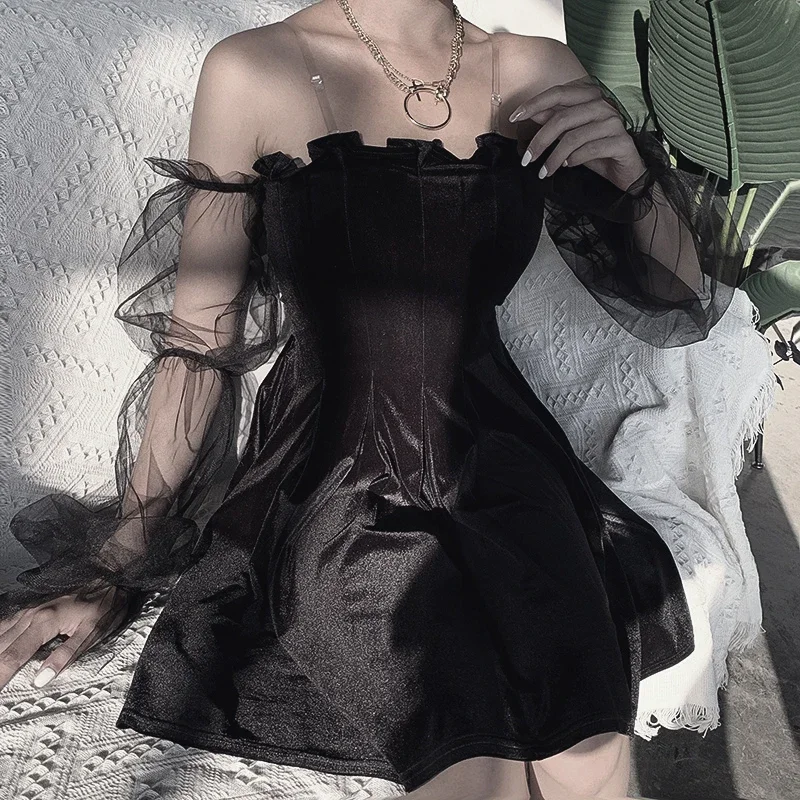 

Women's Skirt Torticollis Mesh Stitching Hollow Bubble Long-sleeved Mini Dress Goth Punk Strapless Party Dress Gothic Black Sexy