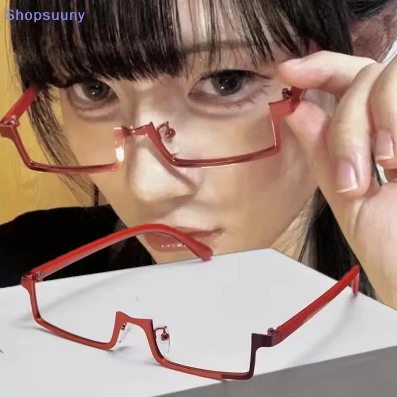 [SU]Y2K Japanese Anime Glasses Frame Small Square Cosplay Red Half-Frame Glasses No Lenses Fashion Metal Rectangular Eyeglasses