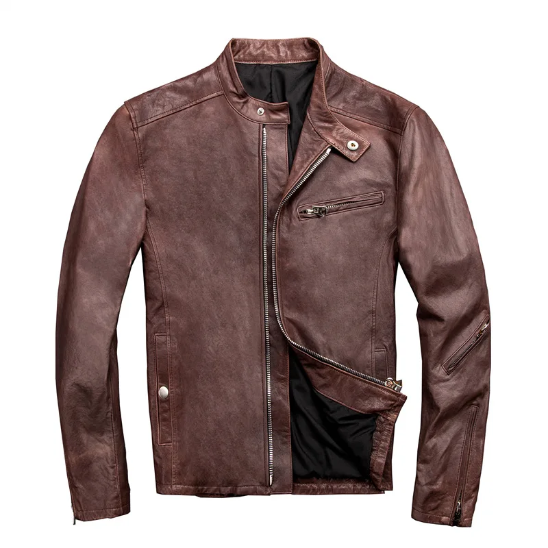 Vegetable Tanned Sheepskin Leather Jacket Men Women Japanese Korean Slim Fit Short Stand Collar Motorcycle Chaqueta Cuero Moto