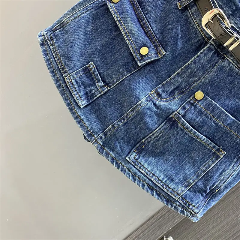 Lente Zomer 2025, Nieuwe Koreaanse Mode Hoge Taille Denim Korte Rok Dameskleding Trend Sexy Pocket Slanke A-lijn Rok Vrouwelijke