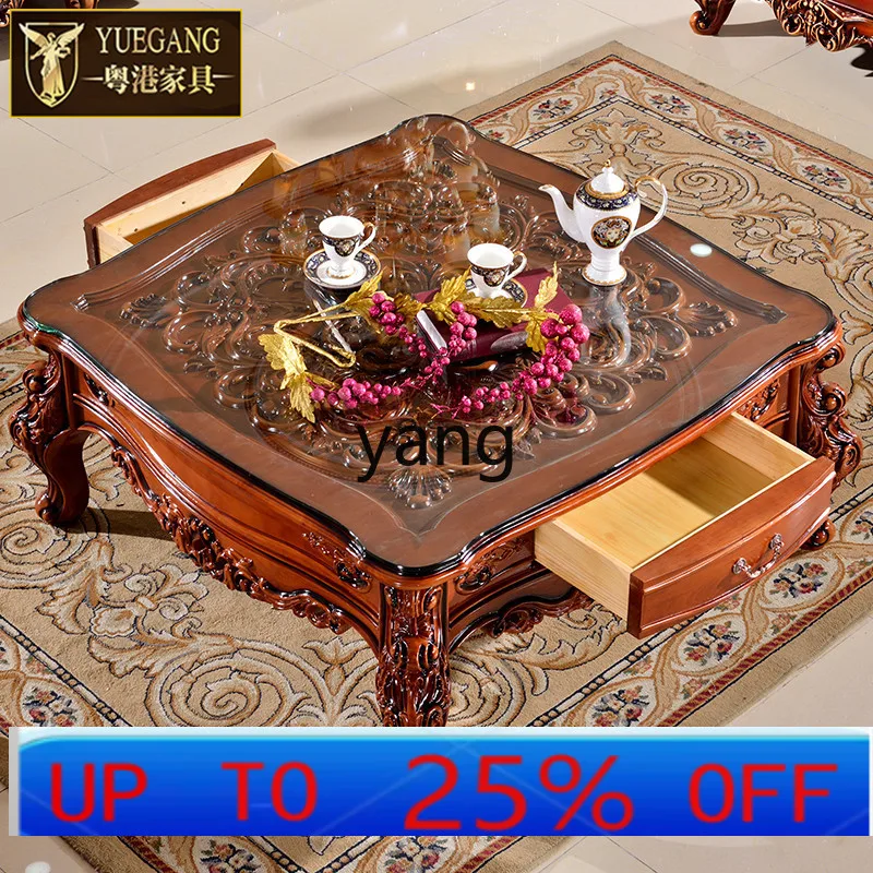 

LH all solid wood coffee table, living room square tea table oak engraved tempered glass surface