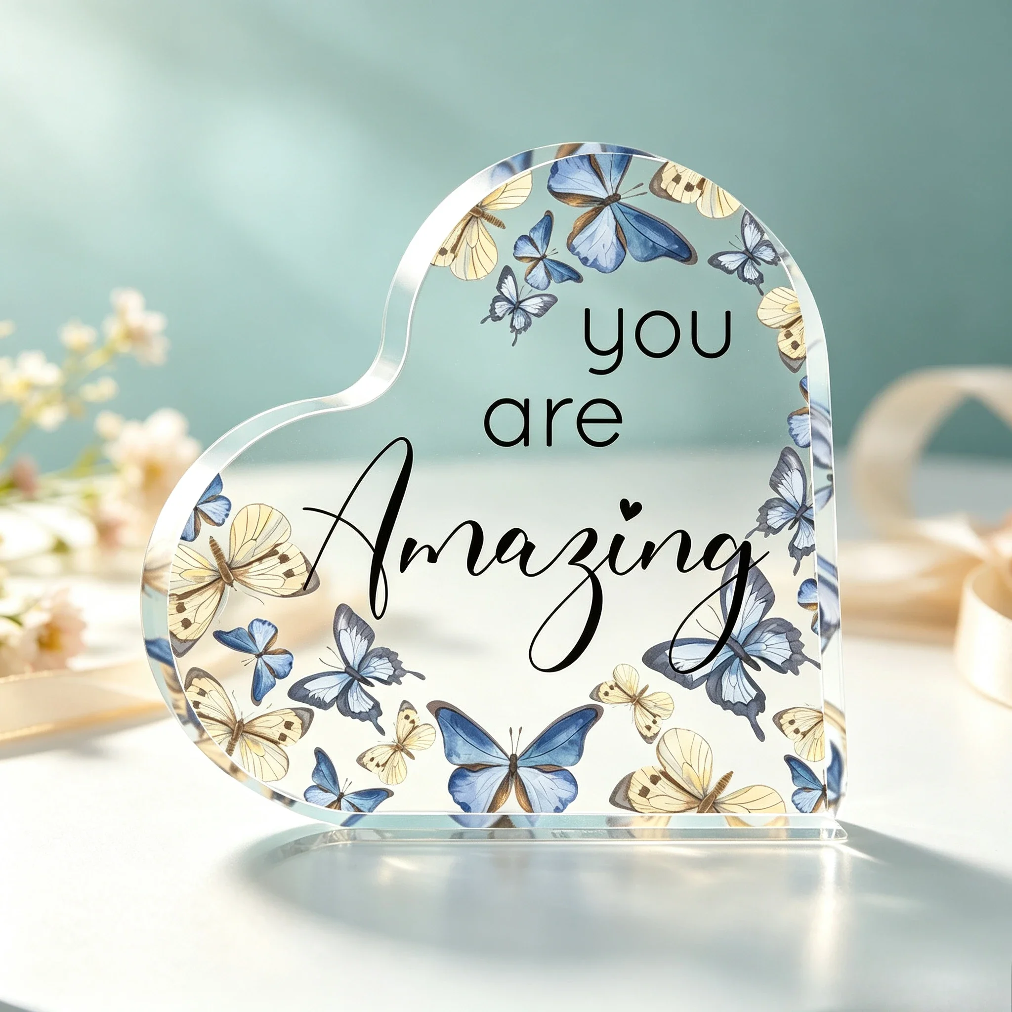 Light Blue Background Butterfly Heart Acrylic Plaque Thank You Friendship Gift For Women