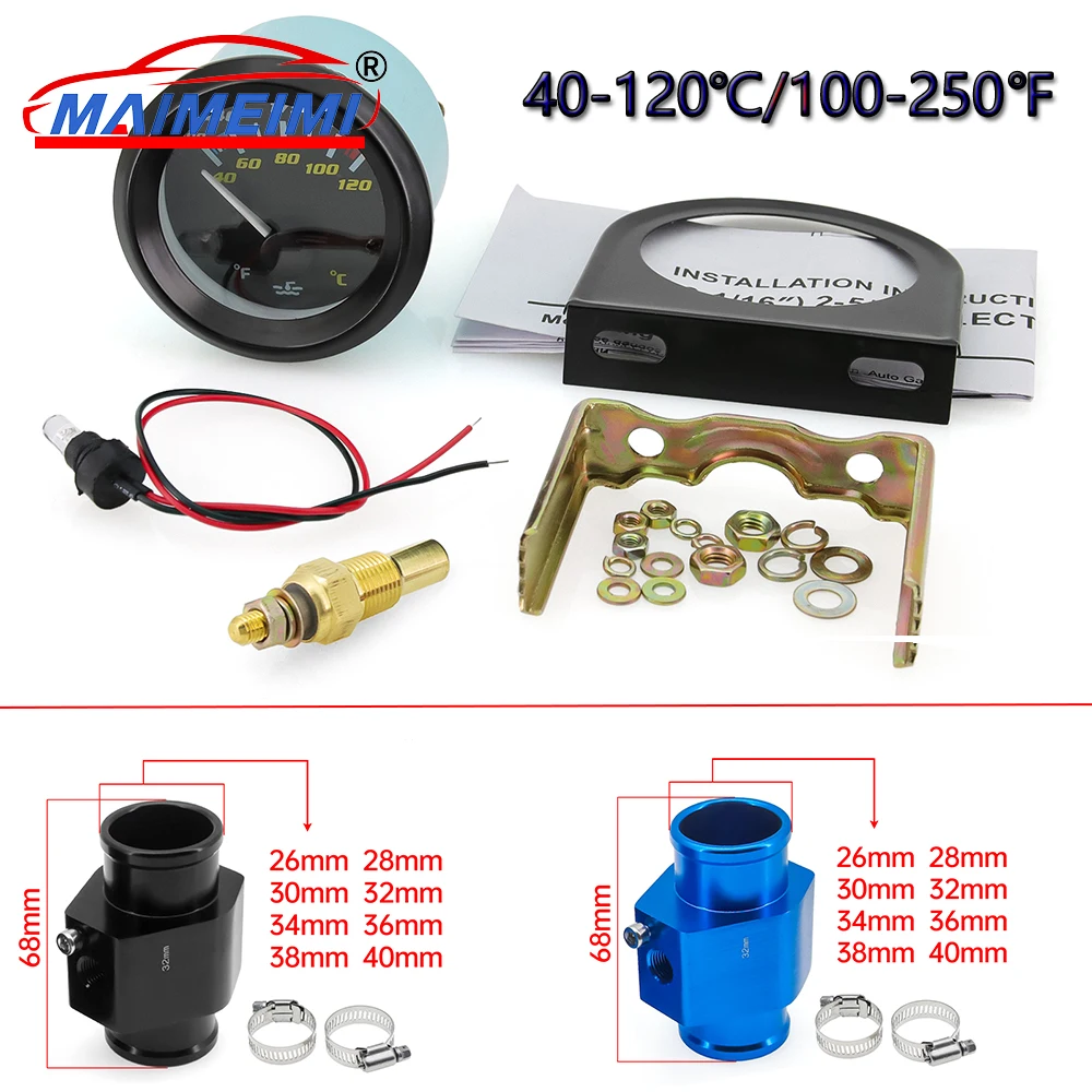 52mm LED Dual Analog Water Temp Gauge 40-120℃/100-250℉ Water Temperature Indicator Sensor Adapter 26mm-40mm for Car Boat