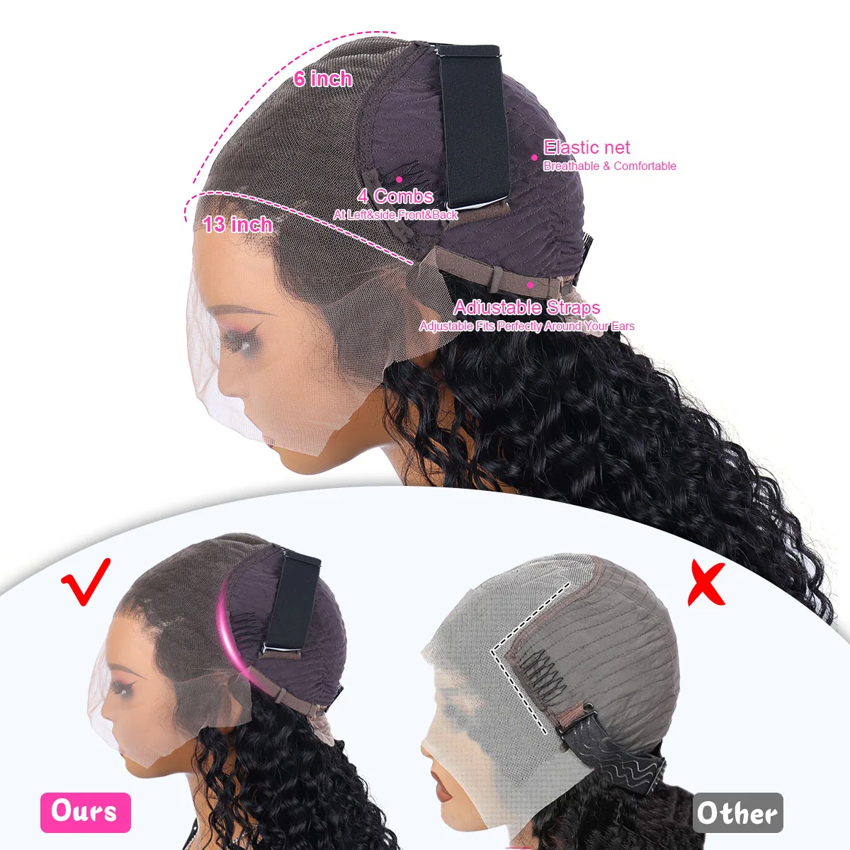 Peruca Frontal de Renda HD 13x6 com Cabelo Humano Cacheado Ondulado Profundo 220% Densidade, Pré-Alongada, 30-40 Polegadas, Cor Natural, Efeito Molhado e Ondulado, para Mulheres Negras