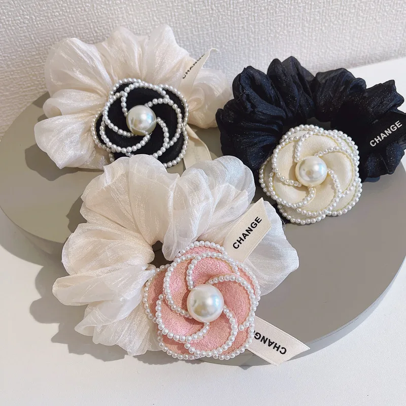 Camellia Flower Chiffon Large Intestine Hair Ring Ties Temperament Ball Head Ponytail Thick Rope  Accessories for Girls