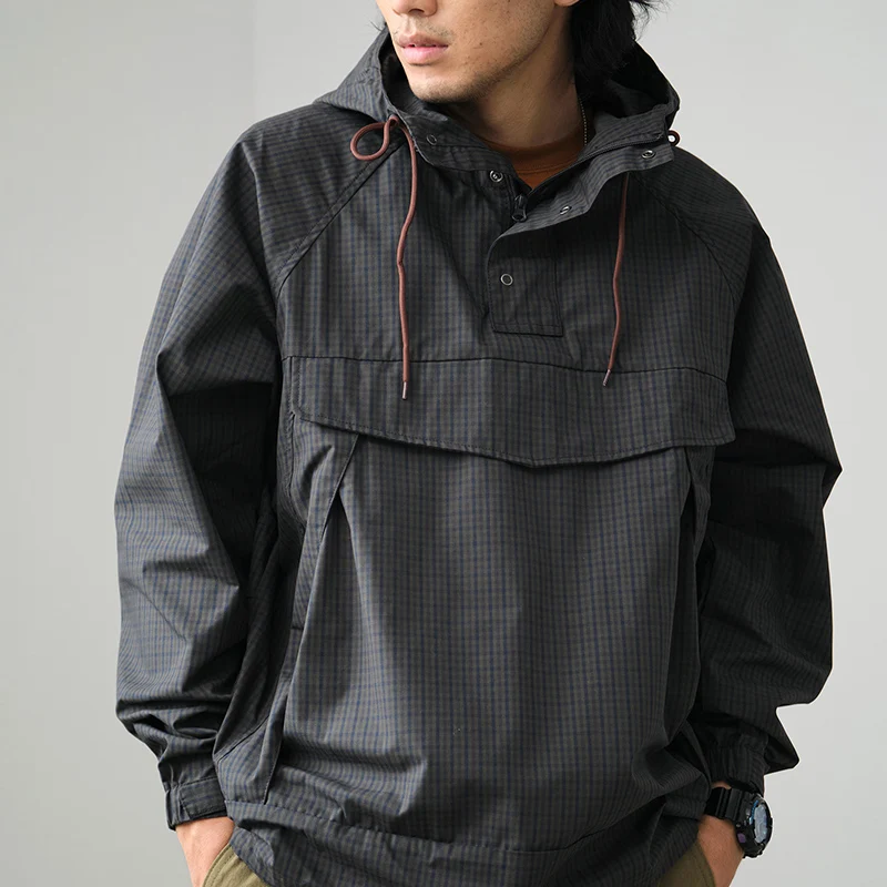 0480# Autumn Japanese Retro Long Sleeve Hooded Plaid Cargo Jacket Men\'s Fashion Windproof Loose Casual Functional Stormsuit Coat