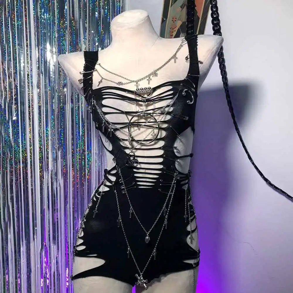 Women's Y2K Gothic Cyber Goth Cross Crop Top Emo Grunge Punk Style 90s ALT E Girl Chain Tank Top Sexy Cyber Chain Clothing