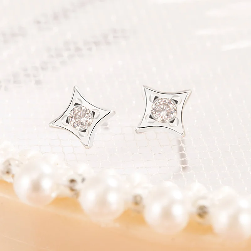 Sterling Silver Color Zircon Four Pointed Star Ear-Sticks Women's Earrings Fashion Jewelry 2096